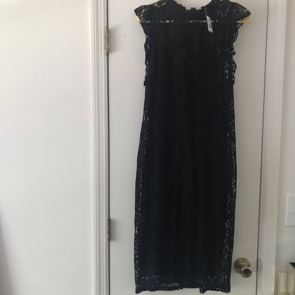 MOSSIMO High Collar Midi Dress Black Lace Overlay